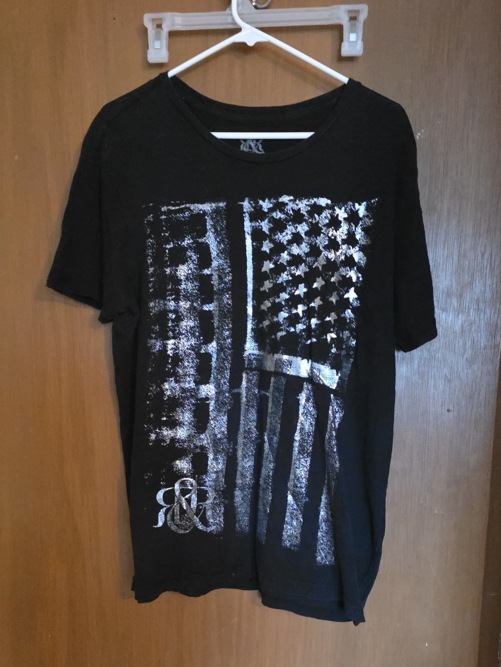 Rock & Republic Black Tee with Distressed Silver Flag Graphic